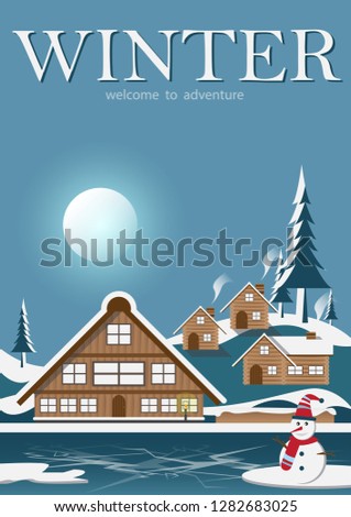 Winter with house and snowman on blue sky background.
