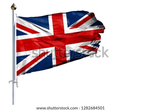 National flag of United Kingdom on a flagpole isolated on white background