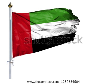 National flag of United Arab Emirates on a flagpole isolated on white background