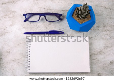 top view succulent in concrete pot , white sheet of paper, pencil and glasses on a marble background