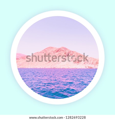 Aesthetic art collage with awesome view of nature with mountains and sea in  inversion pastel colours from window or airplane illuminator. Minimalism 