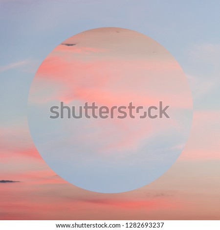 Aesthetic art collage with beautiful sky sunset and mirror reflection in circle frame. Minimal