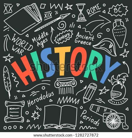 Hand drawn history doodles with lettering. Education illustration.
