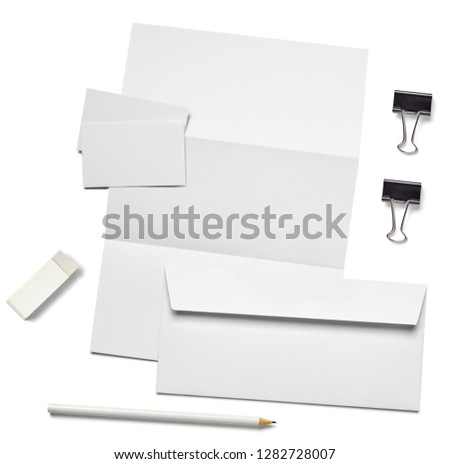 collection of  various white business print, pencil,foldback clip templates on white background. each one is shot separately