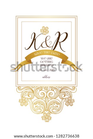 Vector golden element, card, vignette for wedding invitation. Design frame template. Luxury ornament in Victorian style. Premium floral illustration.Ornate border, card, logo design, thank you message