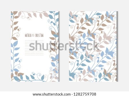 Elegant cards with decorative leaves, design elements. Can be used for wedding, baby shower, mothers day, valentines day, birthday cards, invitations, greetings. Vintage decorative cards