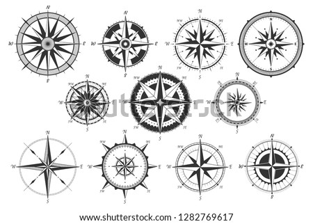 Vintage compass. Nautical map directions vintage rose wind. Retro marine wind measure. Windrose compasses vector icons isolated