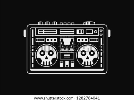 Boombox skull. Black background. Vector illustration.
