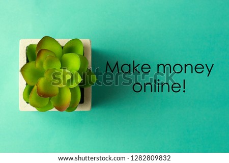 Make money online inscription, lettering. Colorful blue background with decorative plant succulent. Moder concept of job or working, freelancer.