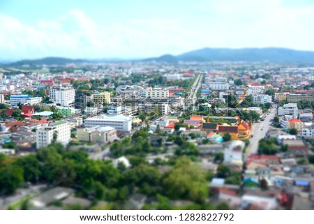 Songkhla City Travel Top view from Tang Kuan Mountain in South Thailand with Miniature effect.Image