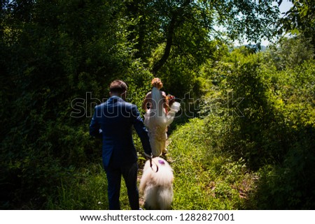 
elegant bride with a dog Chow Chow Royalty-Free Stock Photo #1282827001
