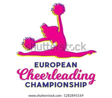 A girl cheer dancer jumps with pom pons into split. Logo for championship. Graphic vector