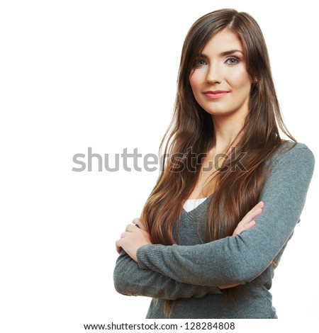 Woman crossed arms standing against white. Confident pose