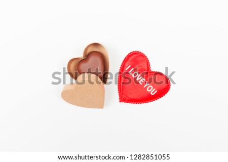 Background with gift boxes and hearts shapes on white background. Happy Valentine's day. Top view. Flat lay with copy space. Valentines Day and Mother Day background. 