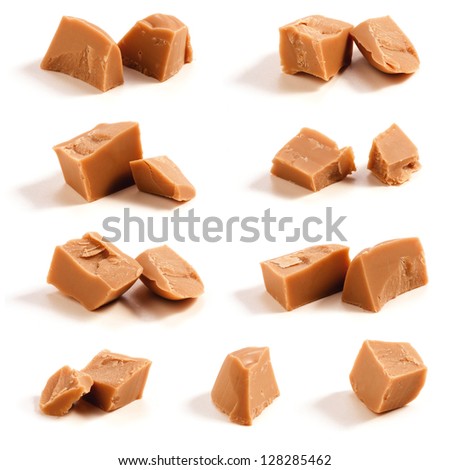 Caramel candies / pieces isolated on a white background. Royalty-Free Stock Photo #128285462