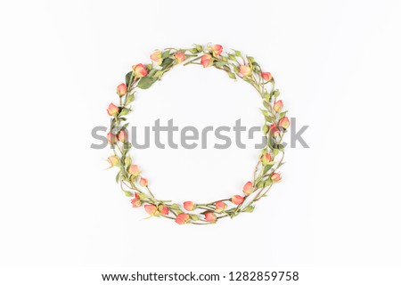 Flowers composition. Wreath made of pink rose on white background. Flat lay, top view