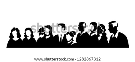 Group of people silhouettes vector banner design. Female and male black figures clipart. Family standing on funeral collage with copyspace. Women, men on white background. Crowd isolated illustration