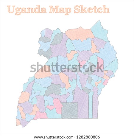 Uganda map. Hand-drawn country. Energetic sketchy Uganda map with regions. Vector illustration.