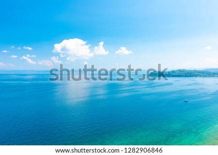 Aerial view of Adriatic sea ner the Piran city, Slovenia. Look from high tower to sea and land of Italy. Blue water and sky, beautiful summer weather
