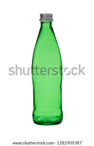 empty bottle for mineral water with a stopper from green glass isolated on a white background