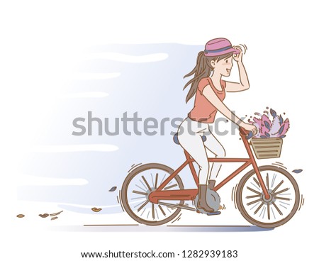 Women are cycling. female riding bicycle In the park street in evening of summer. Vacationing on vacation. Cartoon vector hand drawing style.