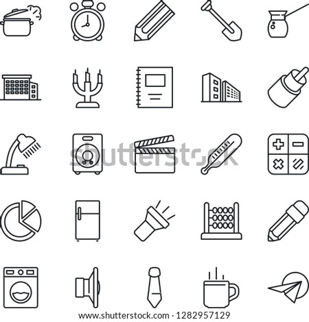 Thin Line Icon Set - hot cup vector, alarm clock, calculator, tie, job, pencil, thermometer, clapboard, speaker, rca, torch, copybook, pie graph, abacus, desk lamp, office building, candle, washer