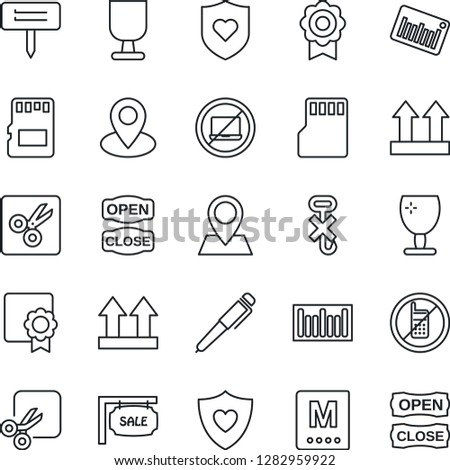 Thin Line Icon Set - no mobile vector, laptop, plant label, heart shield, pin, fragile, up side sign, hook, barcode, sd, cut, sertificate, pen, sale, menu, open close