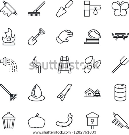 Thin Line Icon Set - trowel vector, shovel, farm fork, rake, ladder, watering, glove, saw, butterfly, fire, water drop, hose, sickle, pumpkin, garden light, seeds, caterpillar, picnic table