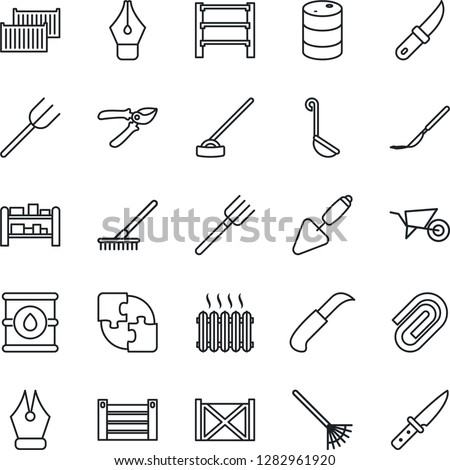 Thin Line Icon Set - trowel vector, farm fork, rake, wheelbarrow, pruner, hoe, garden knife, scalpel, cargo container, oil barrel, rack, application, paper clip, ink pen, heater, ladle