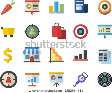 Color flat icon set spring balance flat vector, carrot, store front, grocery trolley, target audience, crisis, dollar, bags, news, chart, statistic, presentaition board