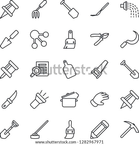Thin Line Icon Set - document search vector, drawing pin, job, pencil, trowel, garden fork, shovel, watering, pruner, glove, saw, hoe, sickle, knife, scalpel, themes, torch, cutting board, hard work