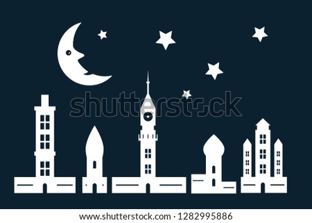 Night City with Paper Cut Towers and Buildings with Moon and Stars on Sky