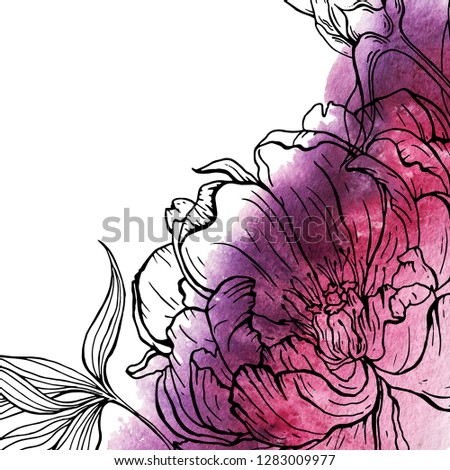 floral elements, romantic natural graphic drawn peony flowers, with watercolor textures