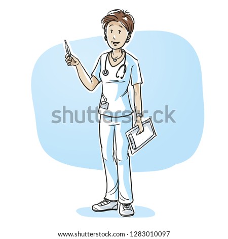 Happy young female nurse with a clinical thermometer in one hand and a clipboard in the other. Hand drawn cartoon sketch vector illustration, whiteboard marker style coloring.