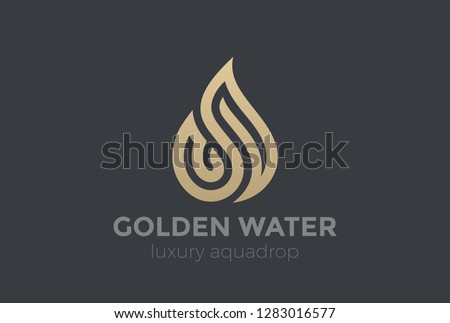 Water Droplet Logo Gold Drop design vector template Linear style. Luxury Jewelry Aqua Symbol Fire Flame Logotype concept icon.