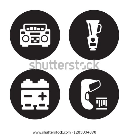 4 vector icon set : Boombox, Battery, Blender, Barcode scanner isolated on black background