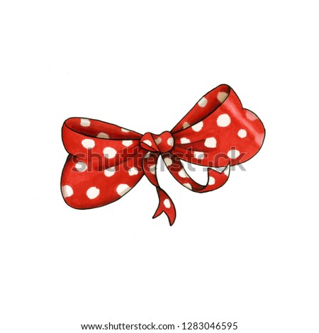 Ribbon knot handdrawn raster illustration. Realistic red polka dots gift bow drawing. Bowknot clipart. Cartoon bow-tie. Isolated color hairpin. Doodle hair accessory. Banner, greeting card design elem