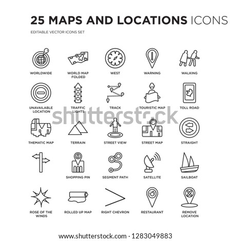 Set of 25 Maps and Locations linear icons such as Worldwide, World Map Folded, West, Warning, Walking, Toll road, Straight, vector illustration of trendy icon pack. Line icons with thin line stroke.