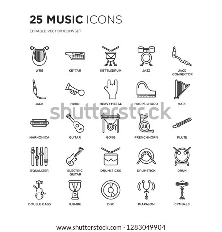 Set of 25 Music linear icons such as Lyre, Keytar, Kettledrum, Jazz, Jack connector, Harp, Flute, Drum, Djembe, Cymbals, vector illustration of trendy icon pack. Line icons with thin line stroke.