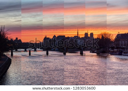 Timeslice of Sunrise over ile de la Cite in winter with Pont des Arts in foreground - Paris, France. HDR Timelapse from Pont du Carrousel.