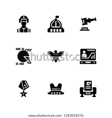 Vector Illustration Of 9 Icons. Editable Pack Soldier, Capitol, Medal, Laptop, United states of america, Ballot, Hat, Pie chart, Auction