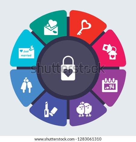birthday party and wedding vector template for infographics. Business concept with 9 options, steps, parts, segments. Banner infographic cycling diagram, round chart, love Lock, Love letter icons