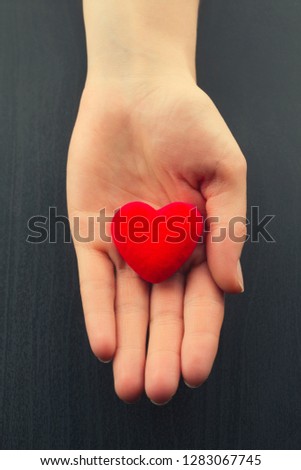 Female hand holding small red heart