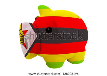 piggy rich bank in colors national flag of zimbabwe for savings on white background