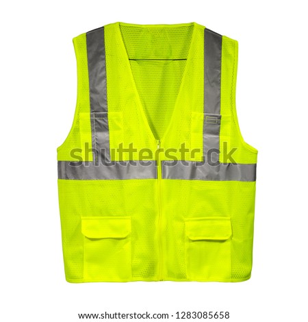 A yellow safety vest isolated on white background viewed at the front. Protest symbol Royalty-Free Stock Photo #1283085658