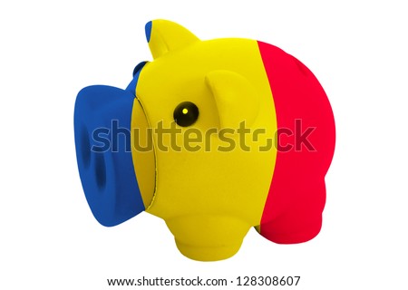 piggy rich bank in colors national flag of romania for savings on white background