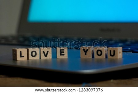 Conceptual image of text Love you in wood blocks on computer with mood romantic screen light background in Valentines day internet connection technology online dating and communication concept.