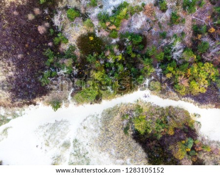 Abstract Aerial View of Sandy Beach and Small Waves from Above