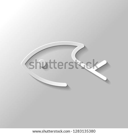 Fish logo, one line icon, linear symbol. Paper style with shadow on gray background