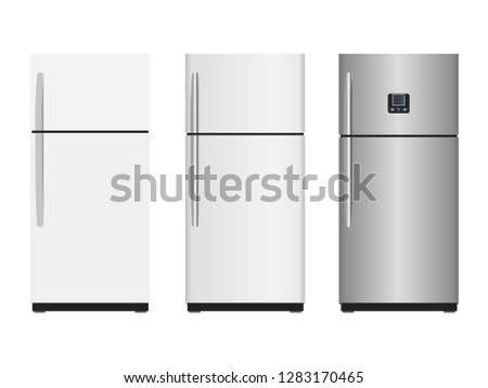 Refrigerators - vector illustration in flat design and with highlights. Closed fridge isolated on a white background. Kitchen appliances. Royalty-Free Stock Photo #1283170465